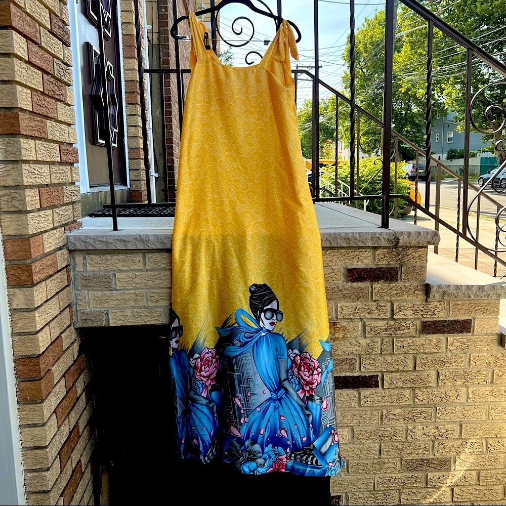 Gorgeous Oriental Print Yellow Silk Maxi Dress